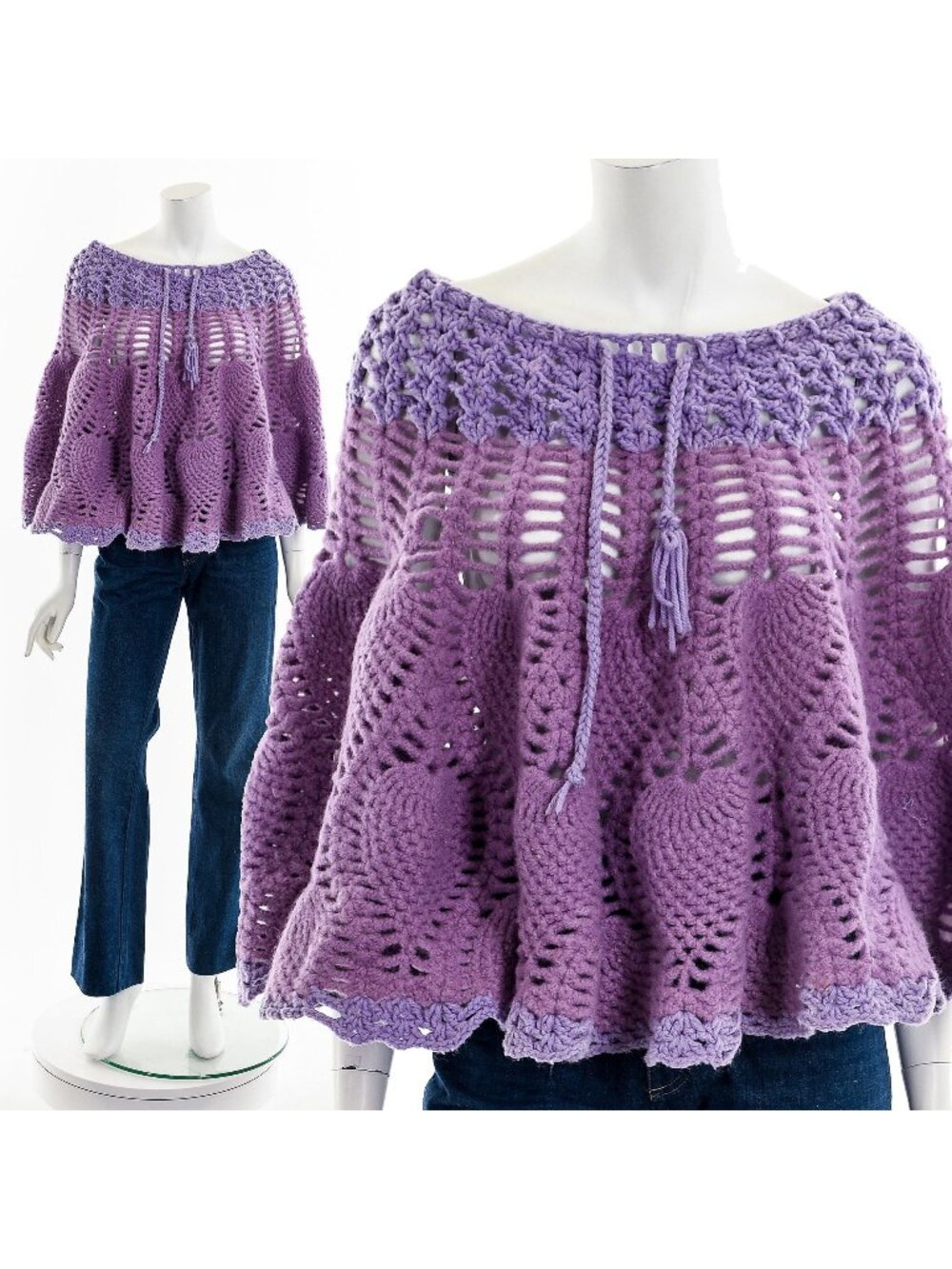 Hand Crochet Purple Poncho Sweater 70s